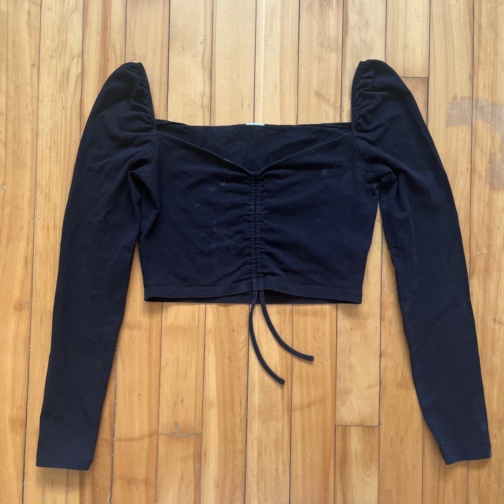 Tna Black Long Sleeve Ruched Cropped Top Square Neck Drawstring size Small